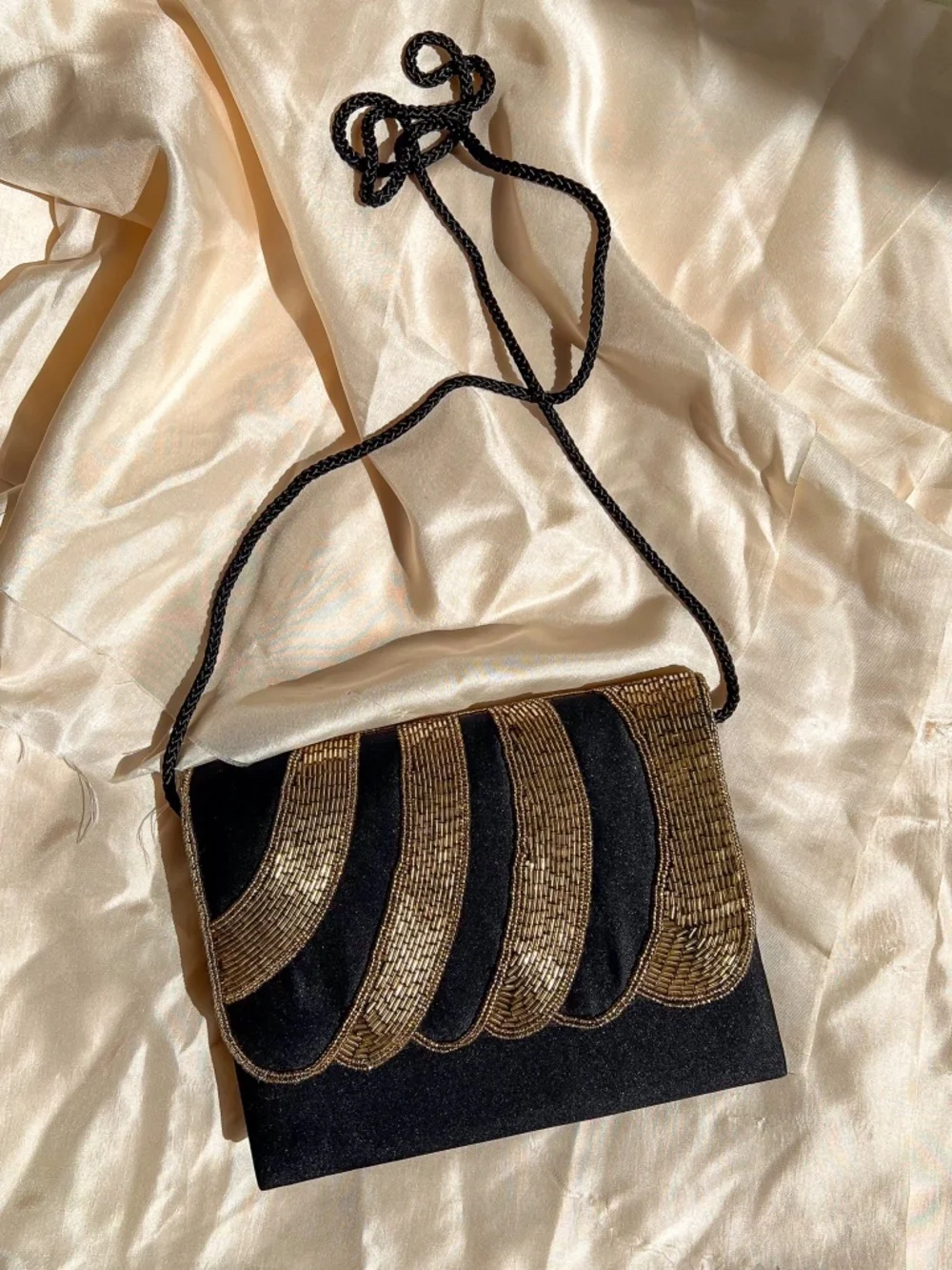 Vintage 1980s Mervyn's Black Evening Bag With Gold Beading